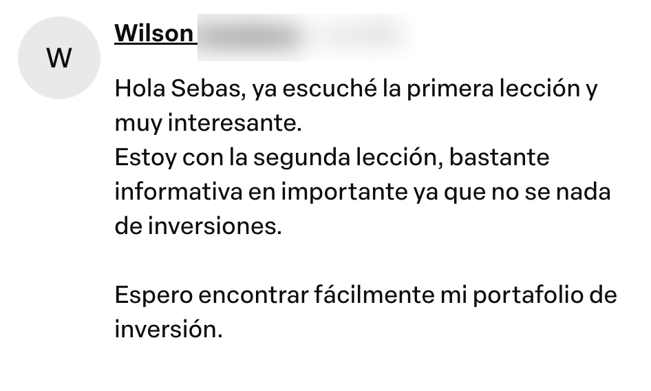 Captura del testimonio de Wilson en Comentarios del curso